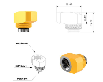 PrimoChill InterConnect SX Male to Female G 1/4in. Offset Full Rotary Fitting - 10mm - Yellow