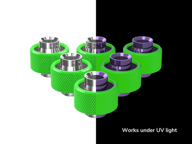 PrimoChill SecureFit SX - Premium Compression Fittings 6 Pack - For 1/2in ID x 3/4in OD Flexible Tubing (F-SFSX34-6) - Available in 20+ Colors, Custom Watercooling Loop Ready - UV Green