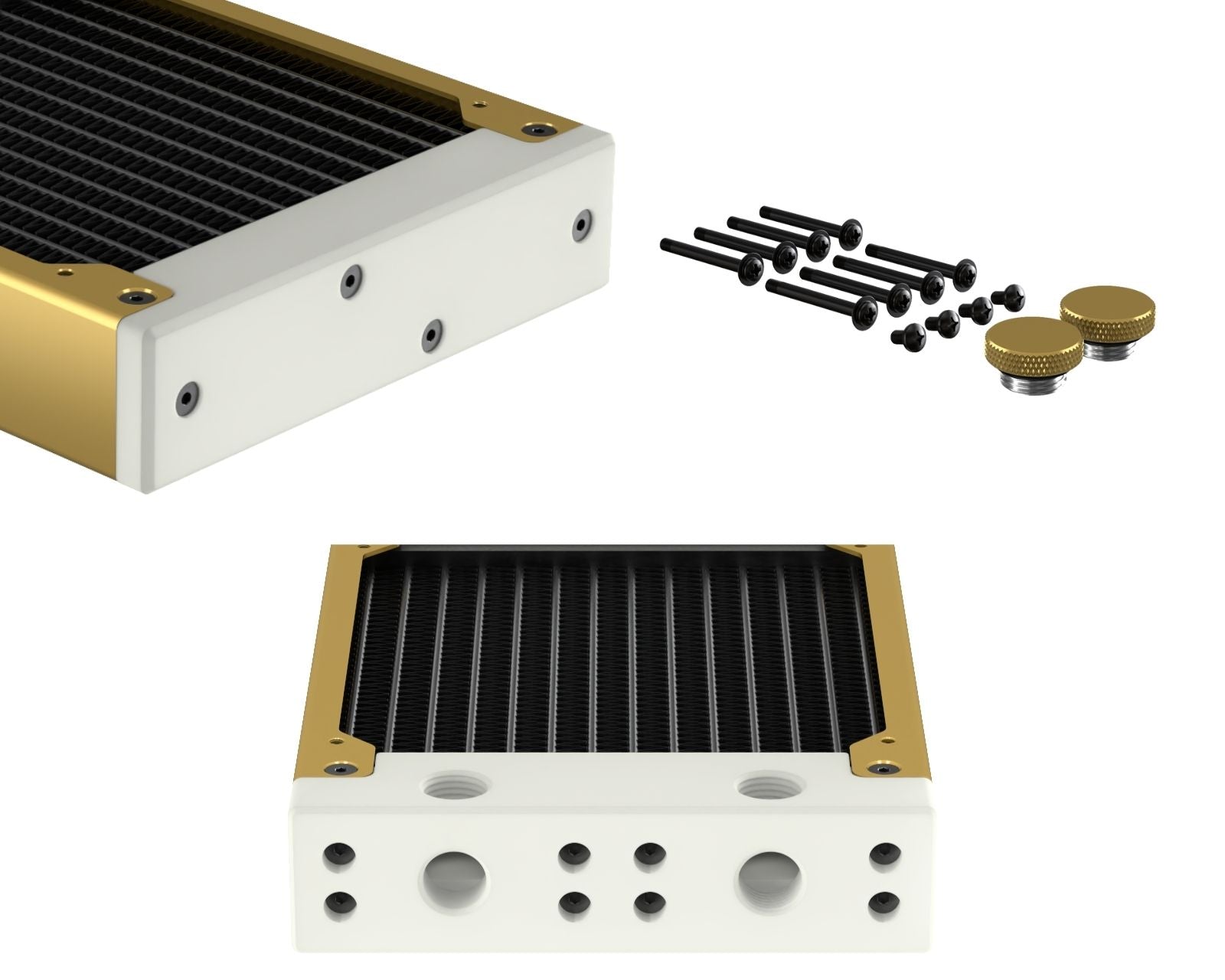 PrimoChill 240SL (30mm) EXIMO Modular Radiator, White POM, 2x120mm, Dual Fan (R-SL-W24) Available in 20+ Colors, Assembled in USA and Custom Watercooling Loop Ready - Candy Gold