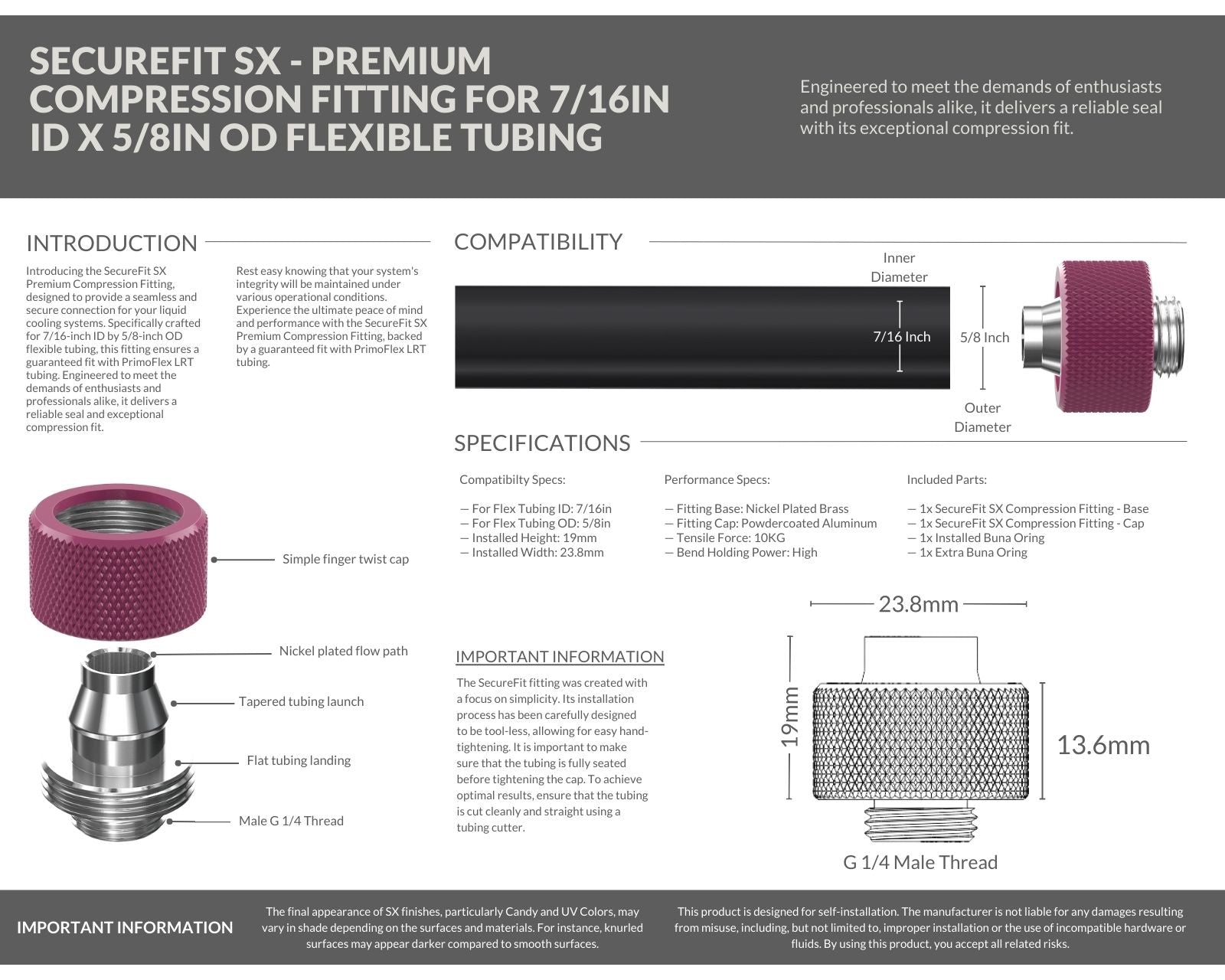 PrimoChill SecureFit SX - Premium Compression Fitting For 7/16in ID x 5/8in OD Flexible Tubing (F-SFSX758) - Available in 20+ Colors, Custom Watercooling Loop Ready - Magenta