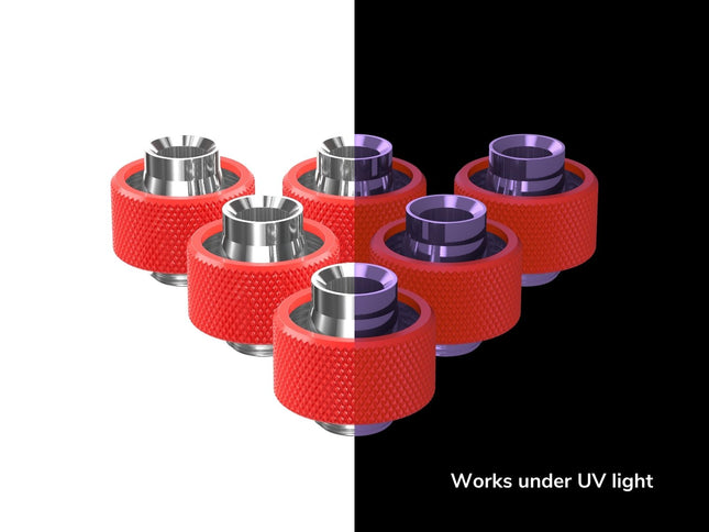 PrimoChill SecureFit SX - Premium Compression Fittings 6 Pack - For 1/2in ID x 3/4in OD Flexible Tubing (F-SFSX34-6) - Available in 20+ Colors, Custom Watercooling Loop Ready - UV Red