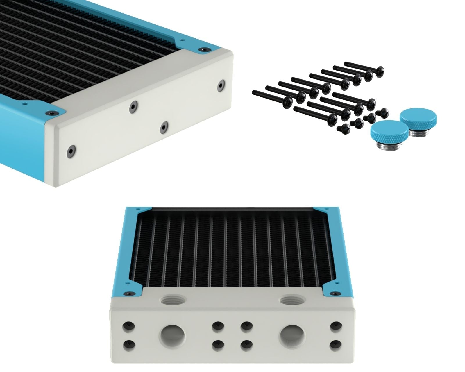 PrimoChill 360SL (30mm) EXIMO Modular Radiator, White POM, 3x120mm, Triple Fan (R-SL-W36) Available in 20+ Colors, Assembled in USA and Custom Watercooling Loop Ready - Sky Blue