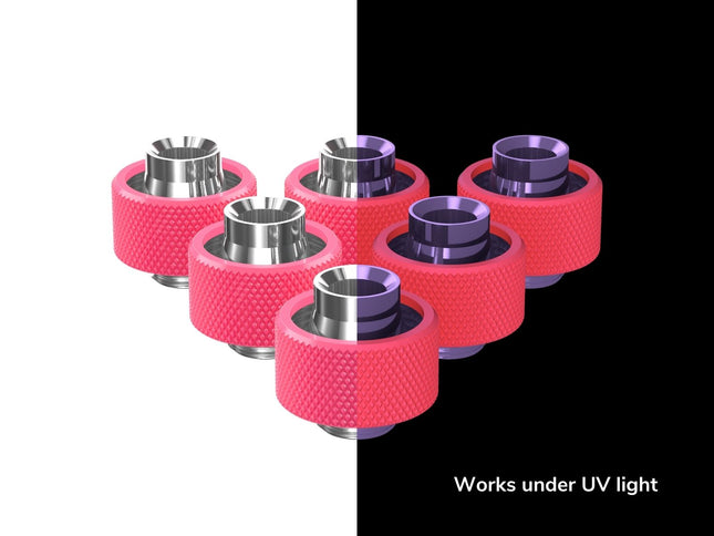 PrimoChill SecureFit SX - Premium Compression Fittings 6 Pack - For 1/2in ID x 3/4in OD Flexible Tubing (F-SFSX34-6) - Available in 20+ Colors, Custom Watercooling Loop Ready - UV Pink
