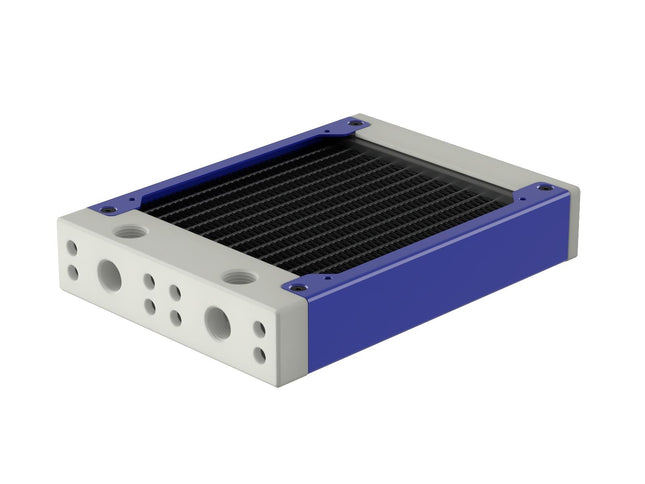 PrimoChill 120SL (30mm) EXIMO Modular Radiator, White POM, 1x120mm, Single Fan (R-SL-W12) Available in 20+ Colors, Assembled in USA and Custom Watercooling Loop Ready - True Blue