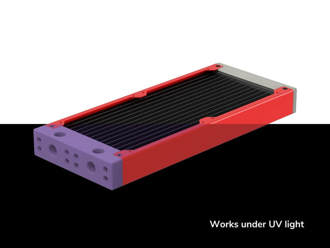PrimoChill 240SL (30mm) EXIMO Modular Radiator, White POM, 2x120mm, Dual Fan (R-SL-W24) Available in 20+ Colors, Assembled in USA and Custom Watercooling Loop Ready - UV Red
