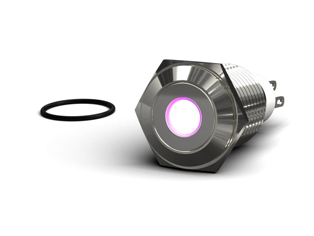 PrimoChill Silver Aluminum Momentary Vandal Switch - 16mm - Dot Illumination - Purple LED - Purple LED Dot