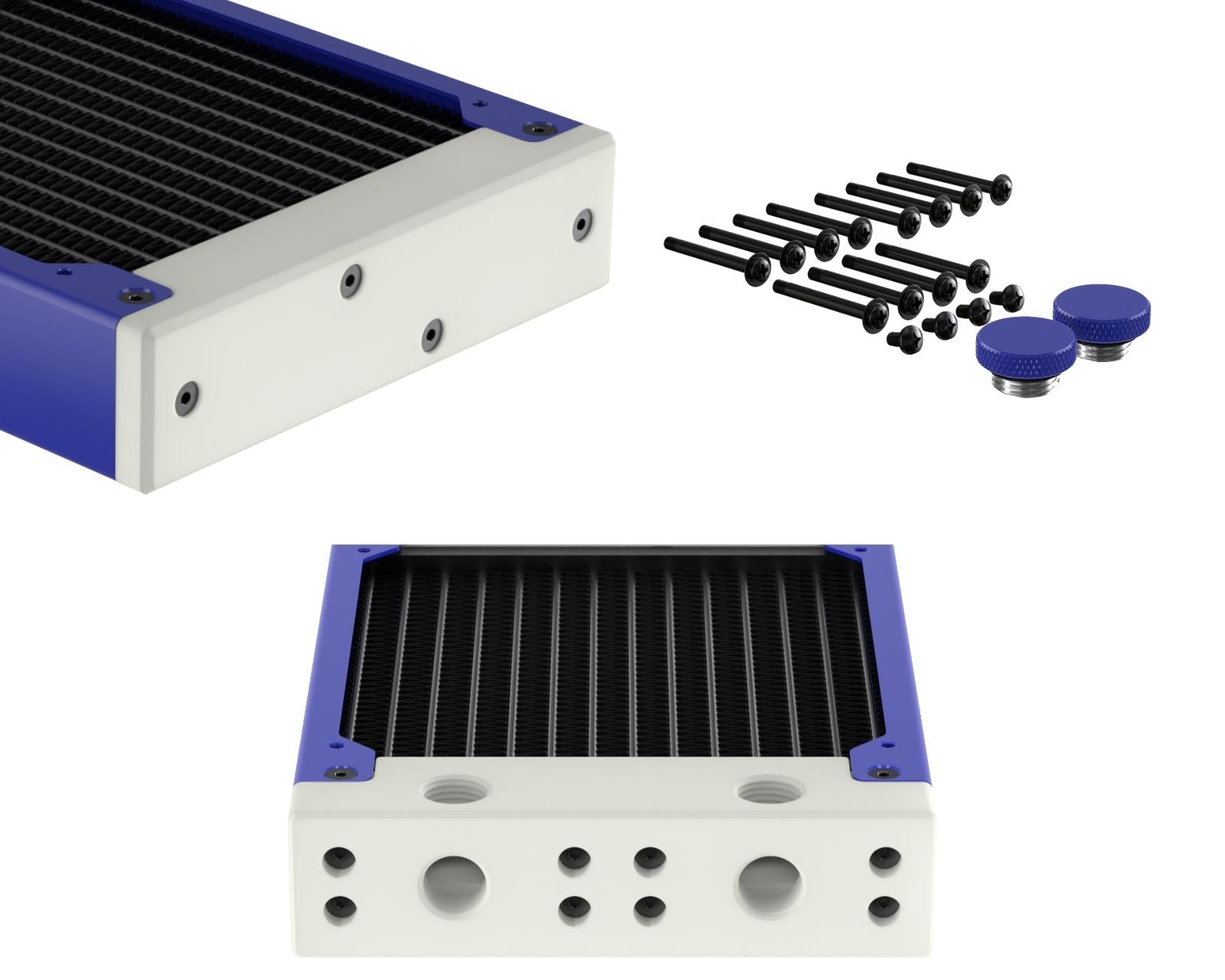 PrimoChill 360SL (30mm) EXIMO Modular Radiator, White POM, 3x120mm, Triple Fan (R-SL-W36) Available in 20+ Colors, Assembled in USA and Custom Watercooling Loop Ready - True Blue