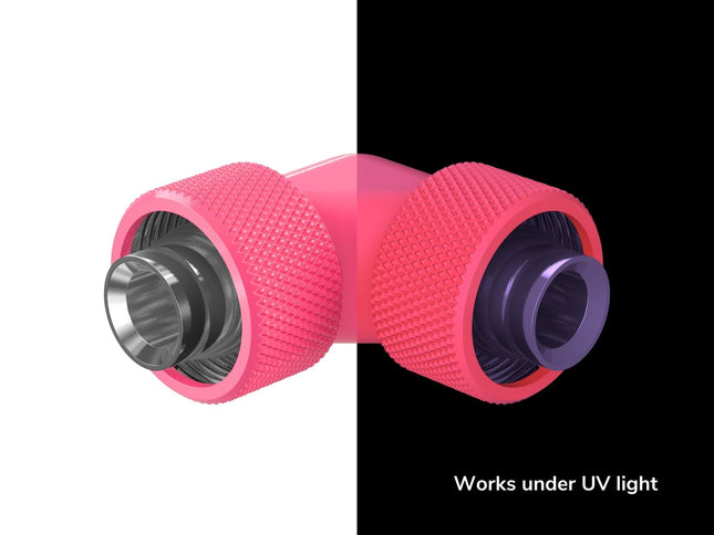 PrimoChill SecureFit SX - Premium 90 Degree Compression Fitting Set For 1/2in ID x 3/4in OD Flexible Tubing (F-SFSX3490) - Available in 20+ Colors, Custom Watercooling Loop Ready - UV Pink