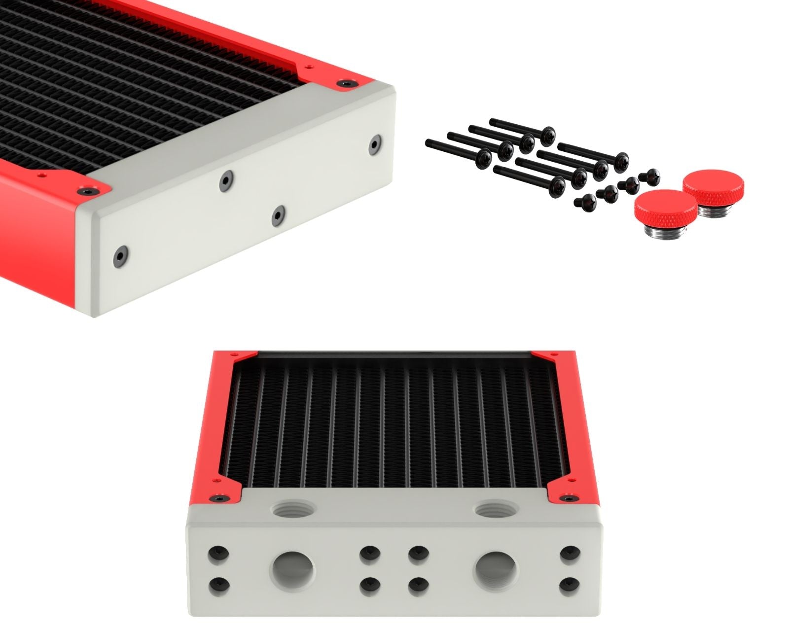 PrimoChill 240SL (30mm) EXIMO Modular Radiator, White POM, 2x120mm, Dual Fan (R-SL-W24) Available in 20+ Colors, Assembled in USA and Custom Watercooling Loop Ready - UV Red