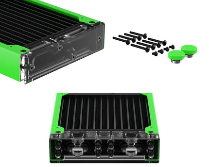 PrimoChill 240SL (30mm) EXIMO Modular Radiator, Clear Acrylic, 2x120mm, Dual Fan (R-SL-A24) Available in 20+ Colors, Assembled in USA and Custom Watercooling Loop Ready - UV Green