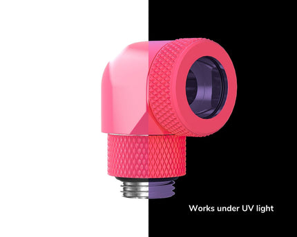 PrimoChill InterConnect SX Premium G1/4 to 90 Degree Adapter Fitting for 14MM Rigid Tubing (FA-G9014) - UV Pink