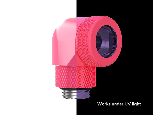 PrimoChill InterConnect SX Premium G1/4 to 90 Degree Adapter Fitting for 14MM Rigid Tubing (FA-G9014) - UV Pink