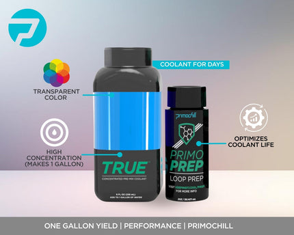 PrimoChill True - Computer WaterCooling Coolant, Concentrate, Low-Conductive, Transparent, Full Protection, PrimoPrep Included, Proudly Made in the USA (Yields a Gallon of Coolant) - Electric UV Blue