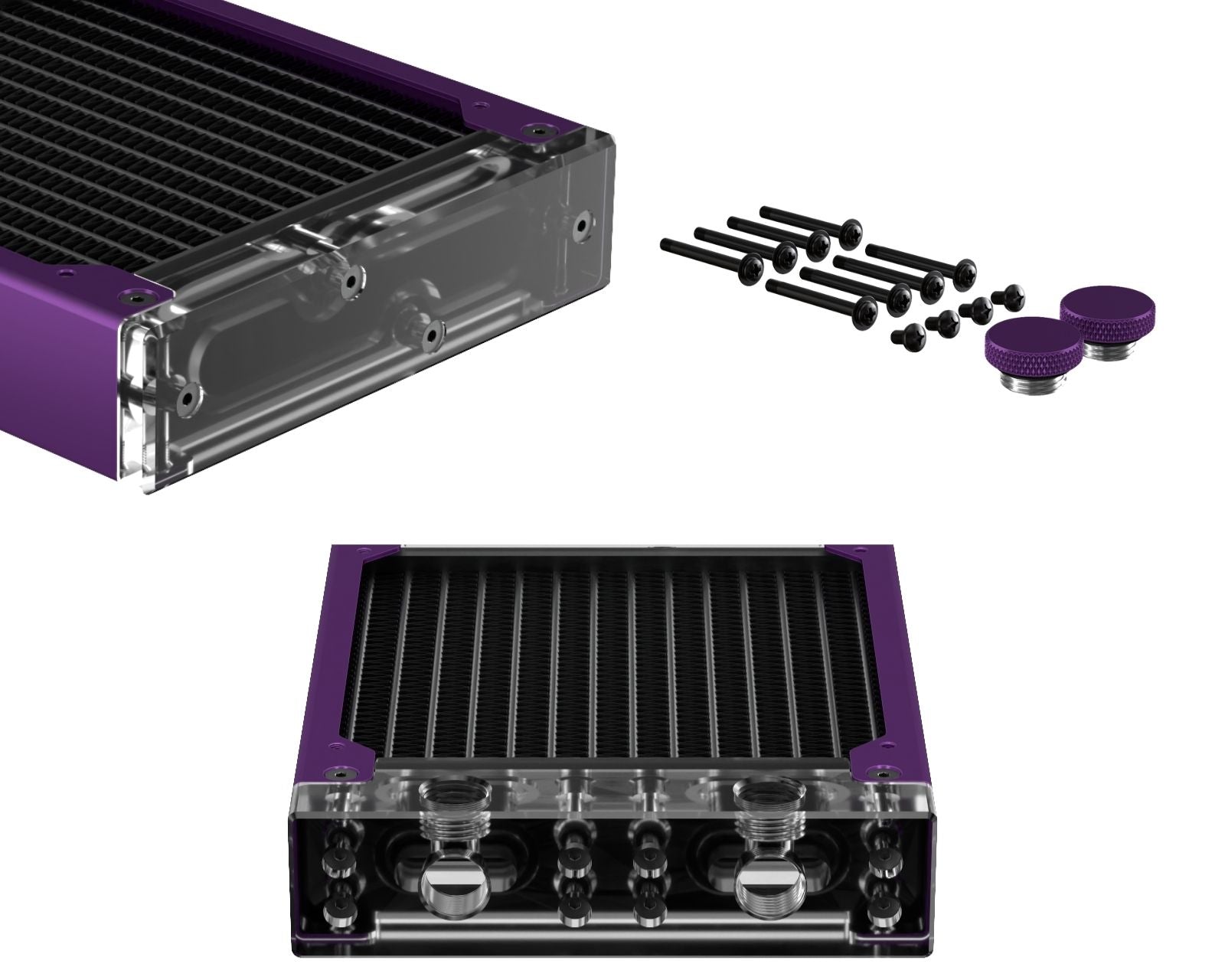 PrimoChill 240SL (30mm) EXIMO Modular Radiator, Clear Acrylic, 2x120mm, Dual Fan (R-SL-A24) Available in 20+ Colors, Assembled in USA and Custom Watercooling Loop Ready - Candy Purple