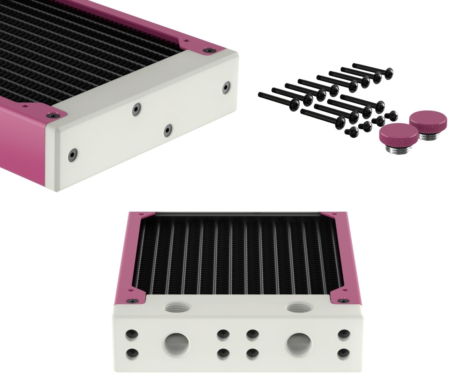 PrimoChill 360SL (30mm) EXIMO Modular Radiator, White POM, 3x120mm, Triple Fan (R-SL-W36) Available in 20+ Colors, Assembled in USA and Custom Watercooling Loop Ready - Magenta