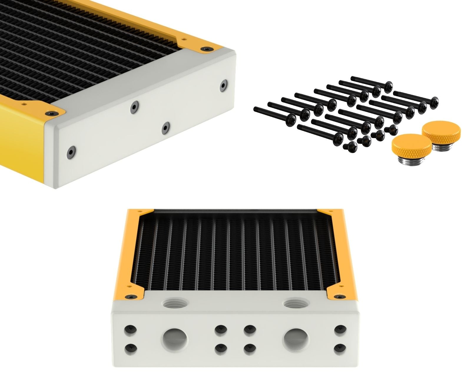 PrimoChill 480SL (30mm) EXIMO Modular Radiator, White POM, 4x120mm, Quad Fan (R-SL-W48) Available in 20+ Colors, Assembled in USA and Custom Watercooling Loop Ready - Yellow