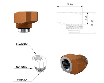 PrimoChill InterConnect SX Male to Female G 1/4in. Offset Full Rotary Fitting - 10mm - Copper