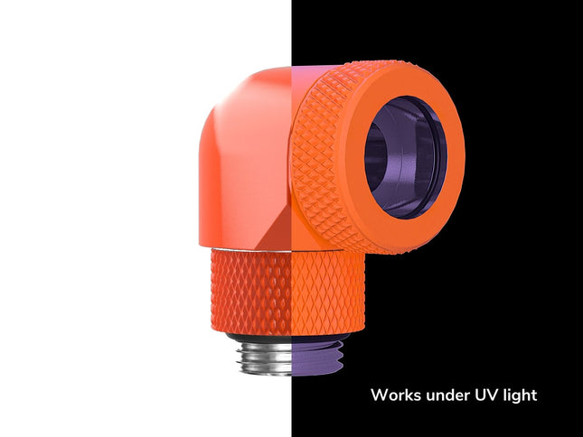PrimoChill InterConnect SX Premium G1/4 to 90 Degree Adapter Fitting for 14MM Rigid Tubing (FA-G9014) - UV Orange