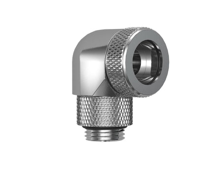 PrimoChill InterConnect SX Premium G1/4 to 90 Degree Adapter Fitting for 14MM Rigid Tubing (FA-G9014) - Silver Nickel