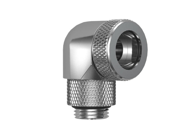PrimoChill InterConnect SX Premium G1/4 to 90 Degree Adapter Fitting for 14MM Rigid Tubing (FA-G9014) - Silver Nickel
