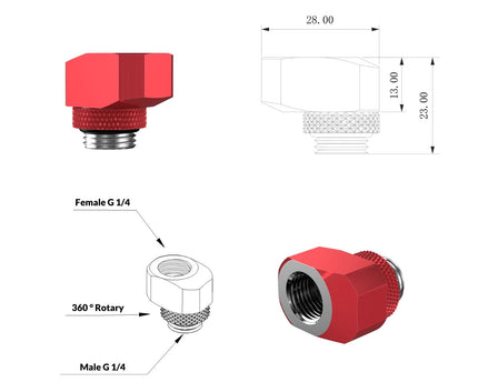 PrimoChill InterConnect SX Male to Female G 1/4in. Offset Full Rotary Fitting - 10mm - Candy Red