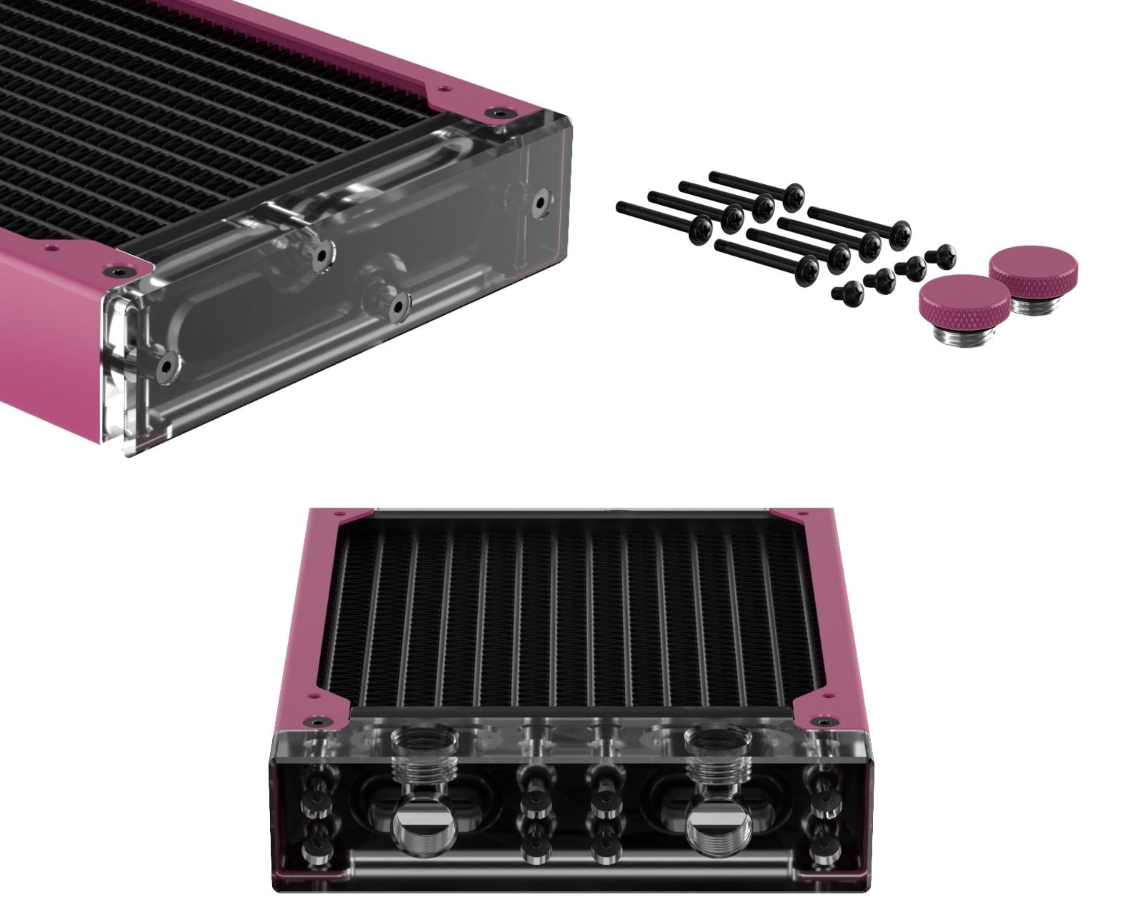 PrimoChill 240SL (30mm) EXIMO Modular Radiator, Clear Acrylic, 2x120mm, Dual Fan (R-SL-A24) Available in 20+ Colors, Assembled in USA and Custom Watercooling Loop Ready - Magenta