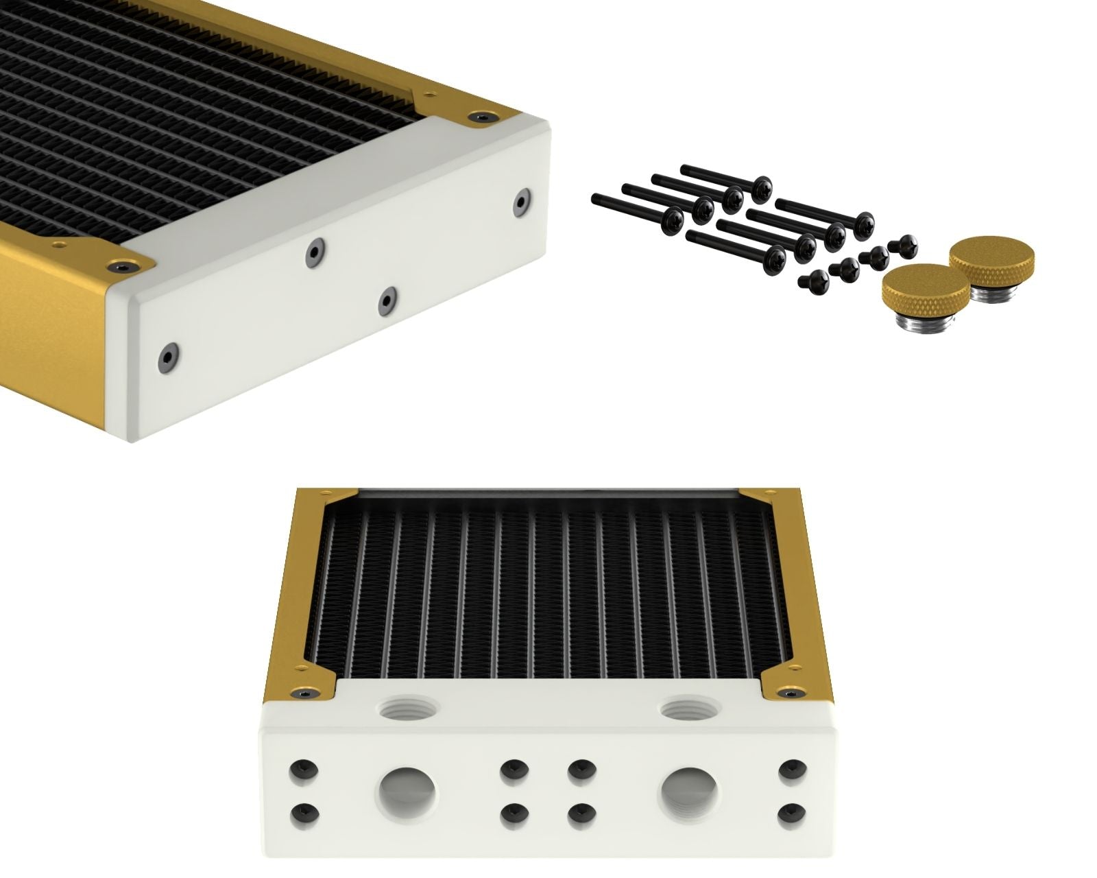 PrimoChill 240SL (30mm) EXIMO Modular Radiator, White POM, 2x120mm, Dual Fan (R-SL-W24) Available in 20+ Colors, Assembled in USA and Custom Watercooling Loop Ready - Gold