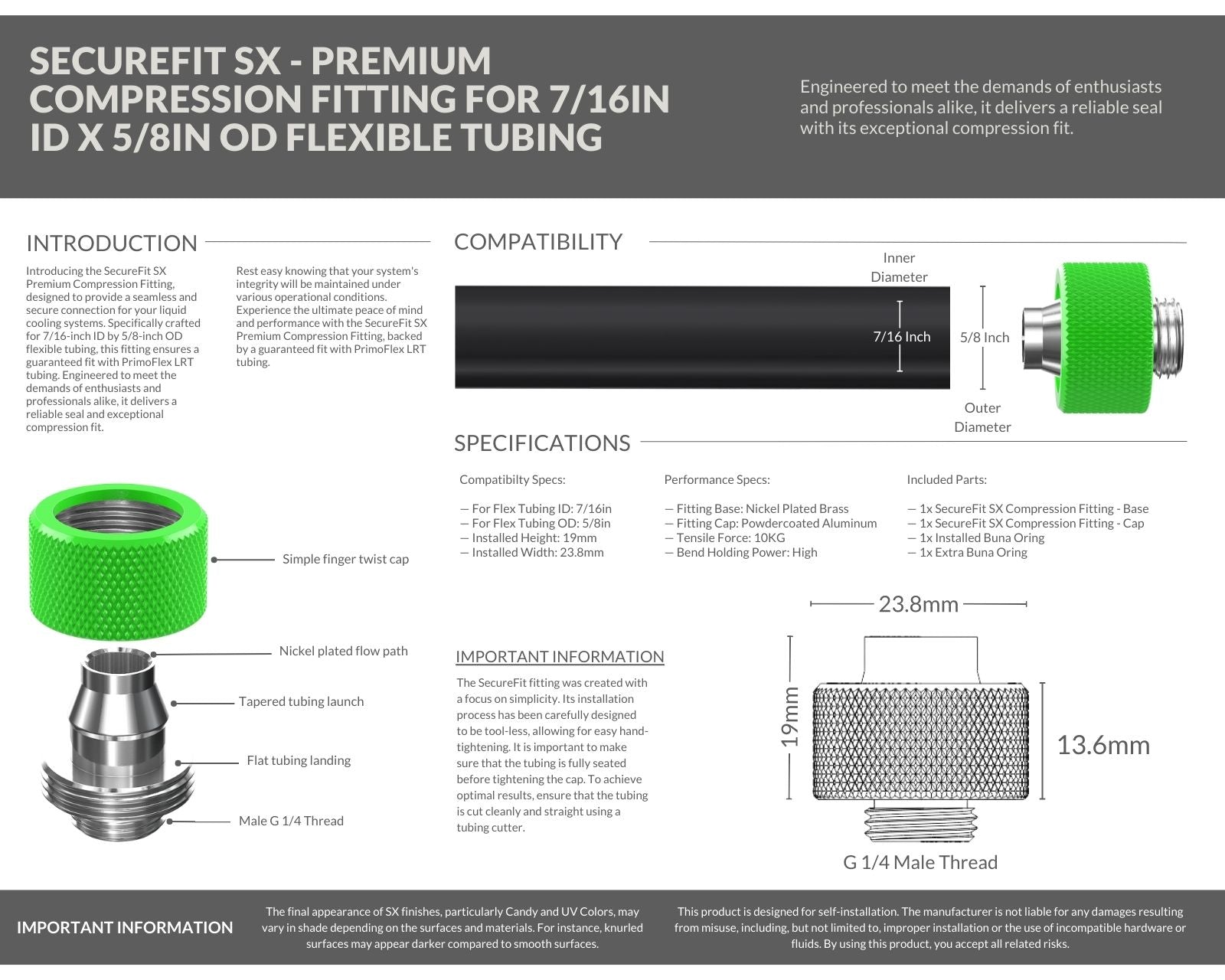 PrimoChill SecureFit SX - Premium Compression Fitting For 7/16in ID x 5/8in OD Flexible Tubing (F-SFSX758) - Available in 20+ Colors, Custom Watercooling Loop Ready - UV Green