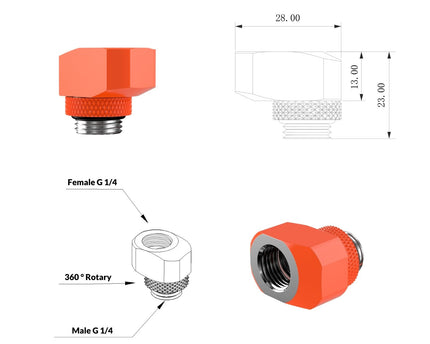 PrimoChill InterConnect SX Male to Female G 1/4in. Offset Full Rotary Fitting - 10mm - UV Orange