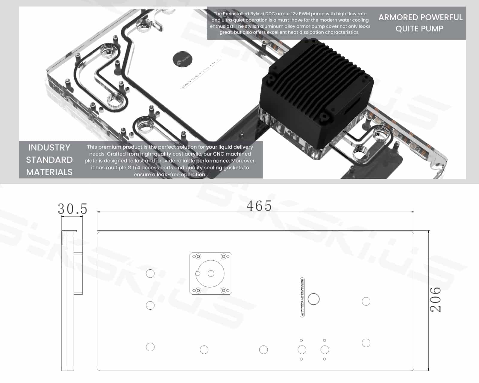 Bykski Distro Plate for Lian Li O11 Dynamic XL (Front Mount) - PMMA w/ 5v Addressable RGB(RBW) (RGV-LAN-O11XL-LI-P-K) - DDC Pump With Armor