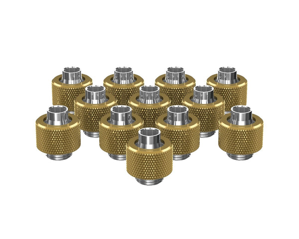PrimoChill SecureFit SX - Premium Compression Fitting For 3/8in ID x 1/2in OD Flexible Tubing 12 Pack (F-SFSX12-12) - Available in 20+ Colors, Custom Watercooling Loop Ready - PrimoChill - KEEPING IT COOL Candy Gold