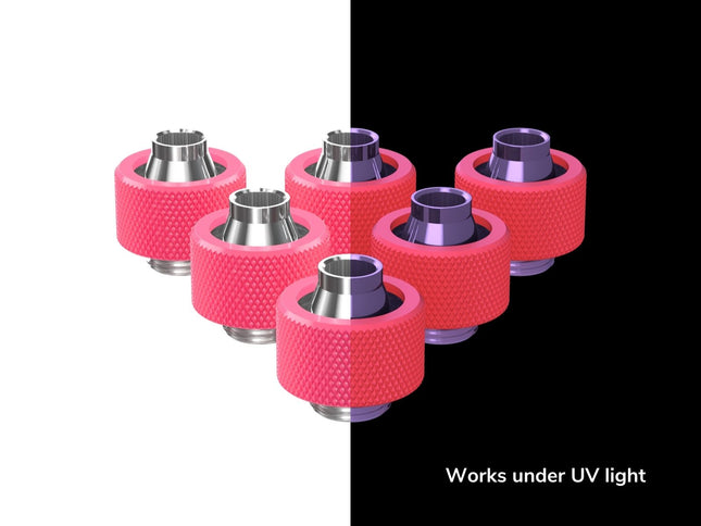 PrimoChill SecureFit SX - Premium Compression Fitting For 7/16in ID x 5/8in OD Flexible Tubing 6 Pack (F-SFSX758-6) - Available in 20+ Colors, Custom Watercooling Loop Ready - UV Pink
