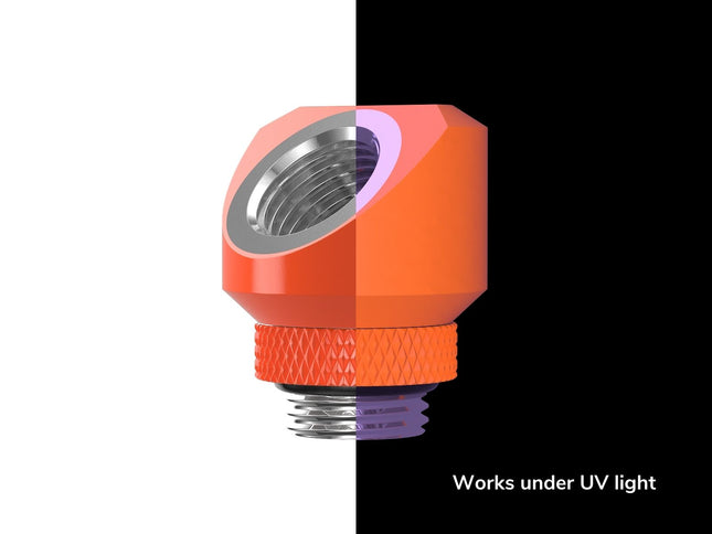 PrimoChill InterConnectSX Flat 45 Degree Rotary Fitting (FAF45) – Enhanced PC Cooling with Sleek Aesthetics - Available in 20+ Colors, Custom Watercooling Loop Ready - UV Orange