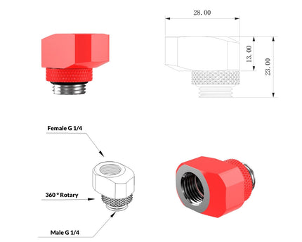 PrimoChill InterConnect SX Male to Female G 1/4in. Offset Full Rotary Fitting - 10mm - UV Red