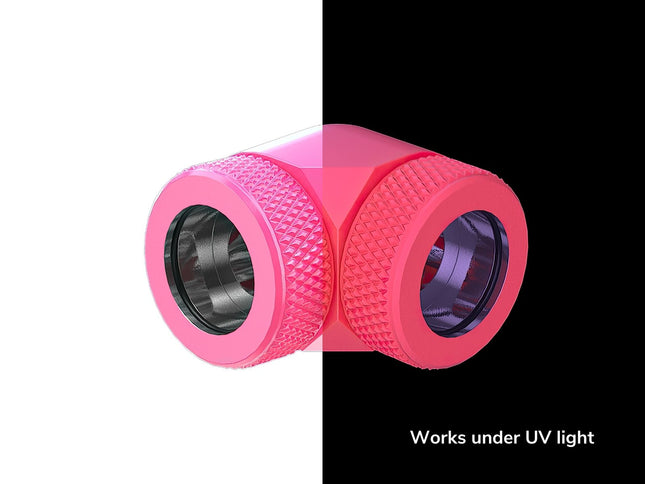 PrimoChill InterConnect SX Premium 90 Degree Elbow Adapter Fitting for 14MM Rigid Tubing (FA-9014) - UV Pink