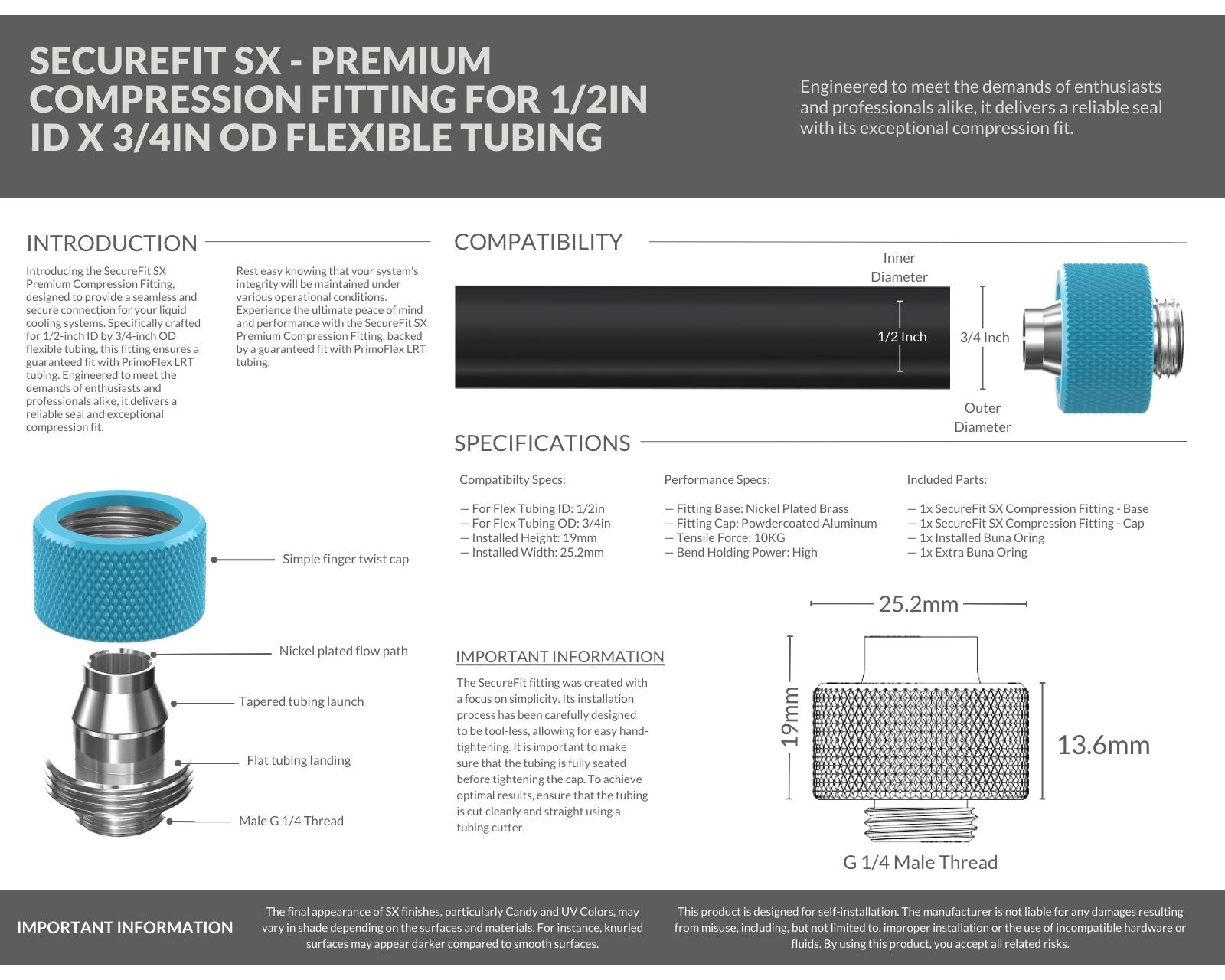 PrimoChill SecureFit SX - Premium Compression Fittings 12 Pack - For 1/2in ID x 3/4in OD Flexible Tubing (F-SFSX34-12) - Available in 20+ Colors, Custom Watercooling Loop Ready - Sky Blue