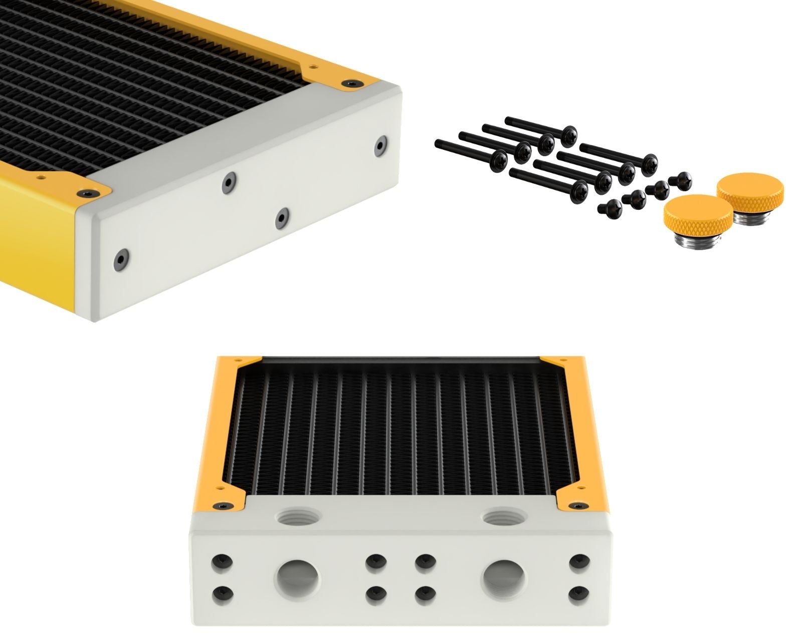 PrimoChill 240SL (30mm) EXIMO Modular Radiator, White POM, 2x120mm, Dual Fan (R-SL-W24) Available in 20+ Colors, Assembled in USA and Custom Watercooling Loop Ready - Yellow