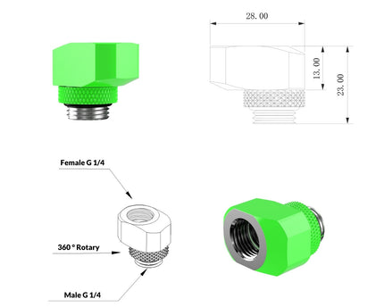 PrimoChill InterConnect SX Male to Female G 1/4in. Offset Full Rotary Fitting - 10mm - UV Green