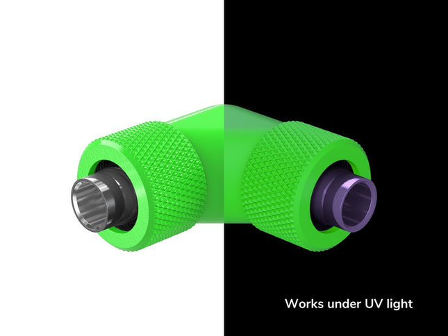 PrimoChill SecureFit SX - Premium 90 Degree Compression Fitting Set For 3/8in ID x 1/2in OD Flexible Tubing (F-SFSX1290) - Available in 20+ Colors, Custom Watercooling Loop Ready - UV Green