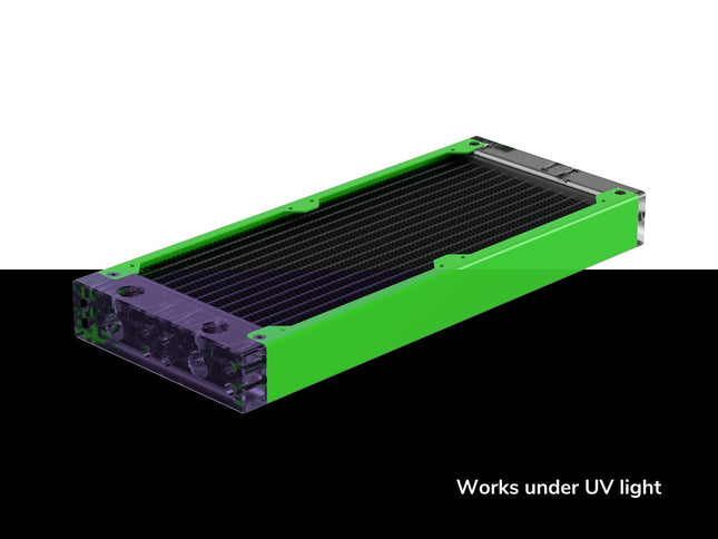 PrimoChill 240SL (30mm) EXIMO Modular Radiator, Clear Acrylic, 2x120mm, Dual Fan (R-SL-A24) Available in 20+ Colors, Assembled in USA and Custom Watercooling Loop Ready - UV Green