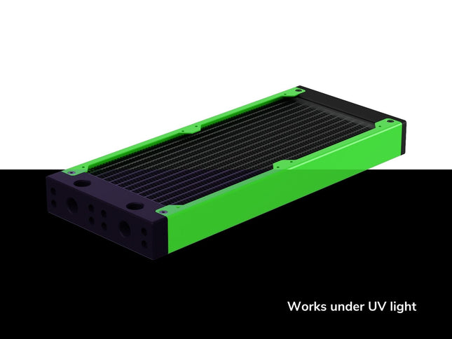 PrimoChill 240SL (30mm) EXIMO Modular Radiator, Black POM, 2x120mm, Dual Fan (R-SL-BK24) Available in 20+ Colors, Assembled in USA and Custom Watercooling Loop Ready - UV Green
