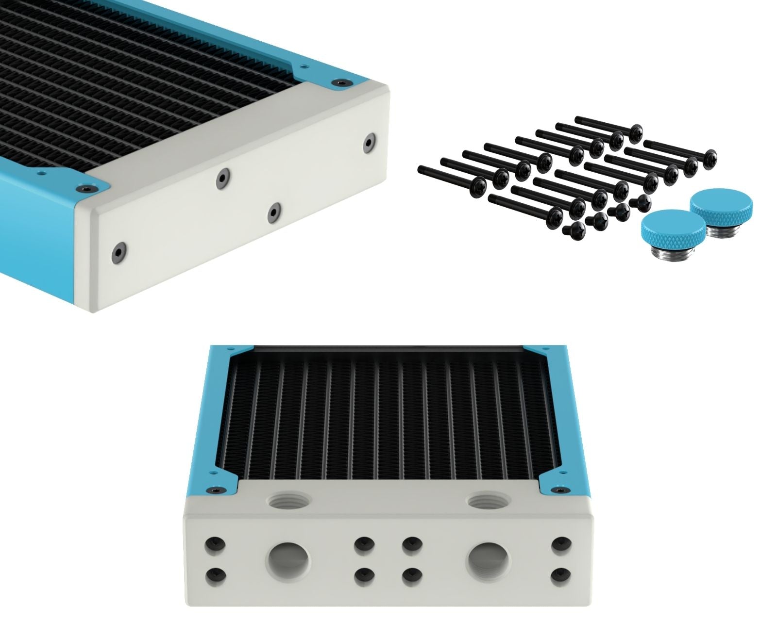 PrimoChill 480SL (30mm) EXIMO Modular Radiator, White POM, 4x120mm, Quad Fan (R-SL-W48) Available in 20+ Colors, Assembled in USA and Custom Watercooling Loop Ready - Sky Blue