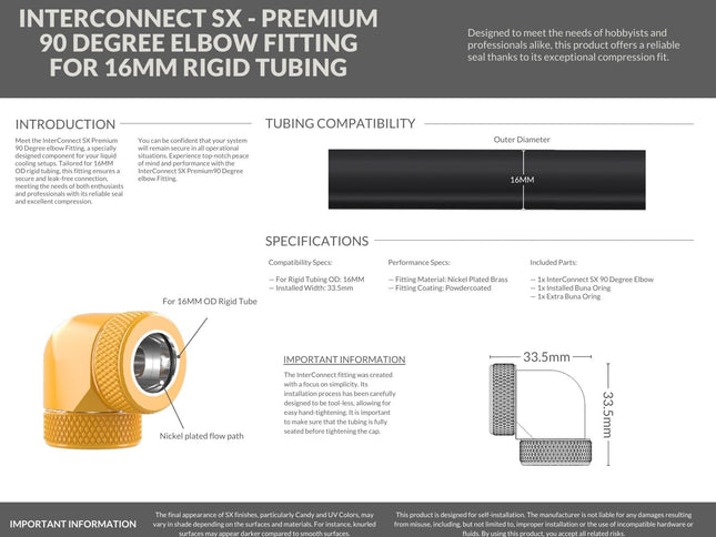 PrimoChill InterConnect SX Premium 90 Degree Elbow Adapter Fitting For 16MM Rigid Tubing (FA-9016) - Yellow