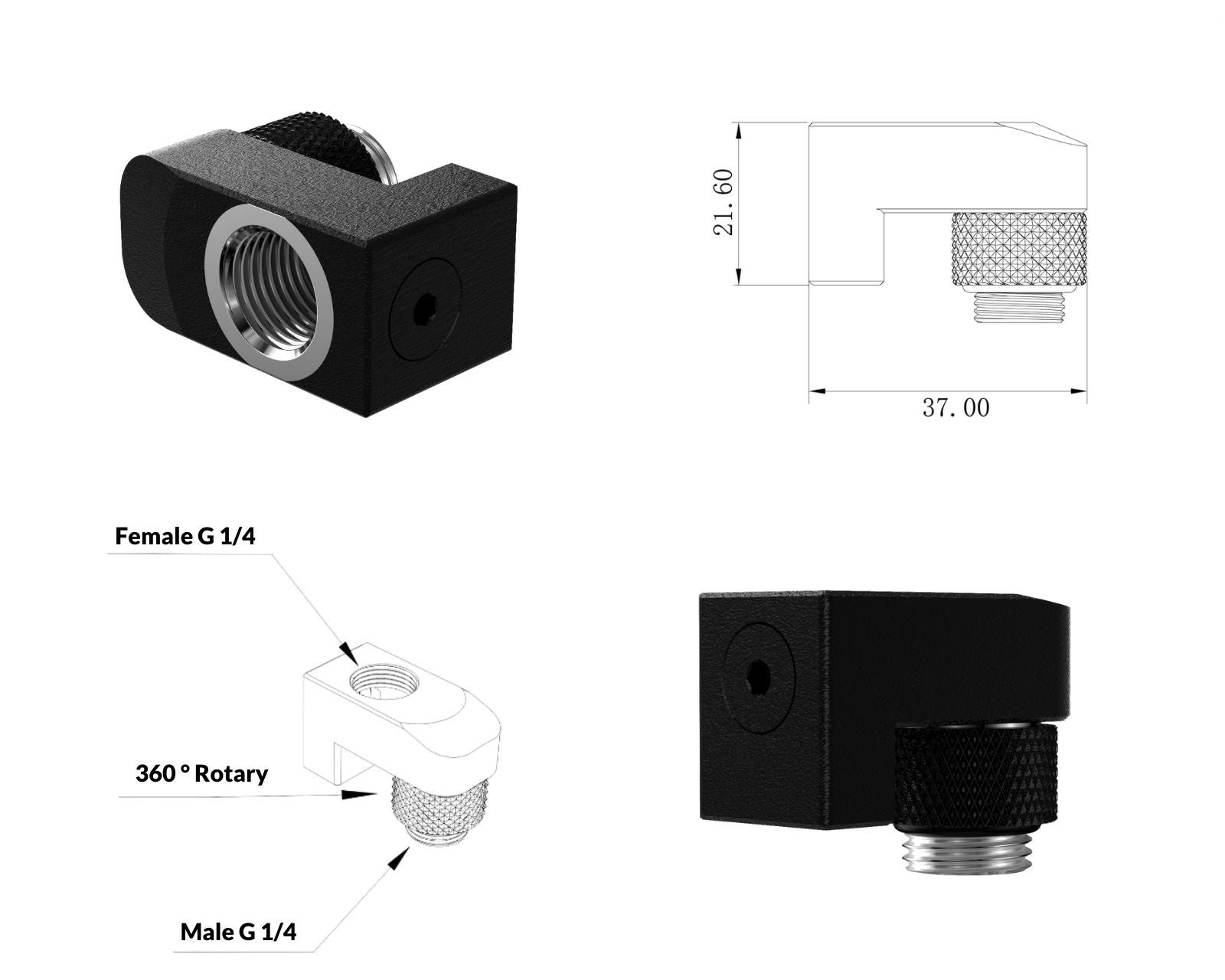 PrimoChill Male to Female G 1/4in. Supported Offset Rotary Fitting - TX Matte Black