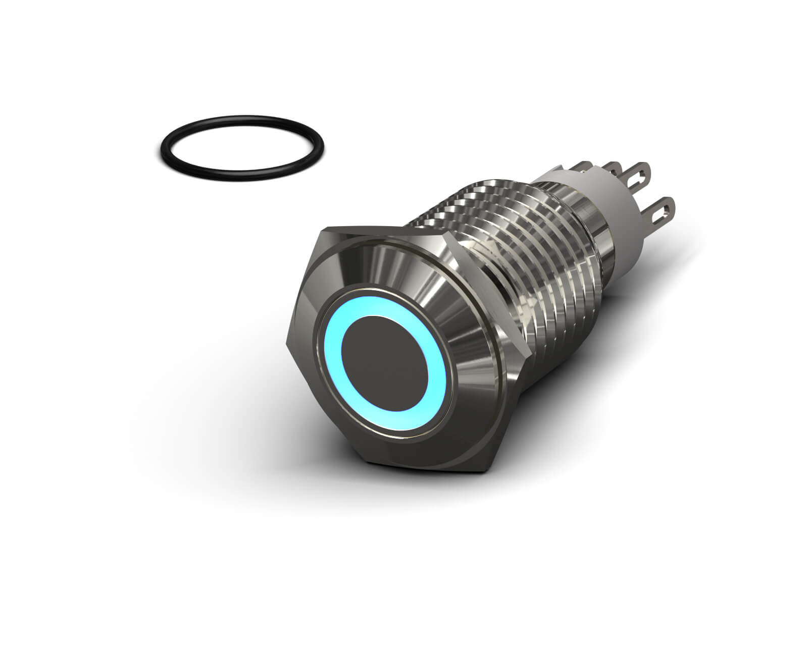PrimoChill Silver Aluminum Momentary Vandal Switch -16mm - Ring Illumination - Blue LED - Blue LED Ring