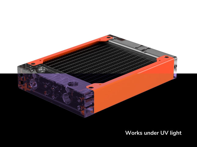 PrimoChill 120SL (30mm) EXIMO Modular Radiator, Clear Acrylic, 1x120mm, Single Fan (R-SL-A12) Available in 20+ Colors, Assembled in USA and Custom Watercooling Loop Ready - UV Orange