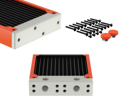 PrimoChill 480SL (30mm) EXIMO Modular Radiator, White POM, 4x120mm, Quad Fan (R-SL-W48) Available in 20+ Colors, Assembled in USA and Custom Watercooling Loop Ready - UV Orange