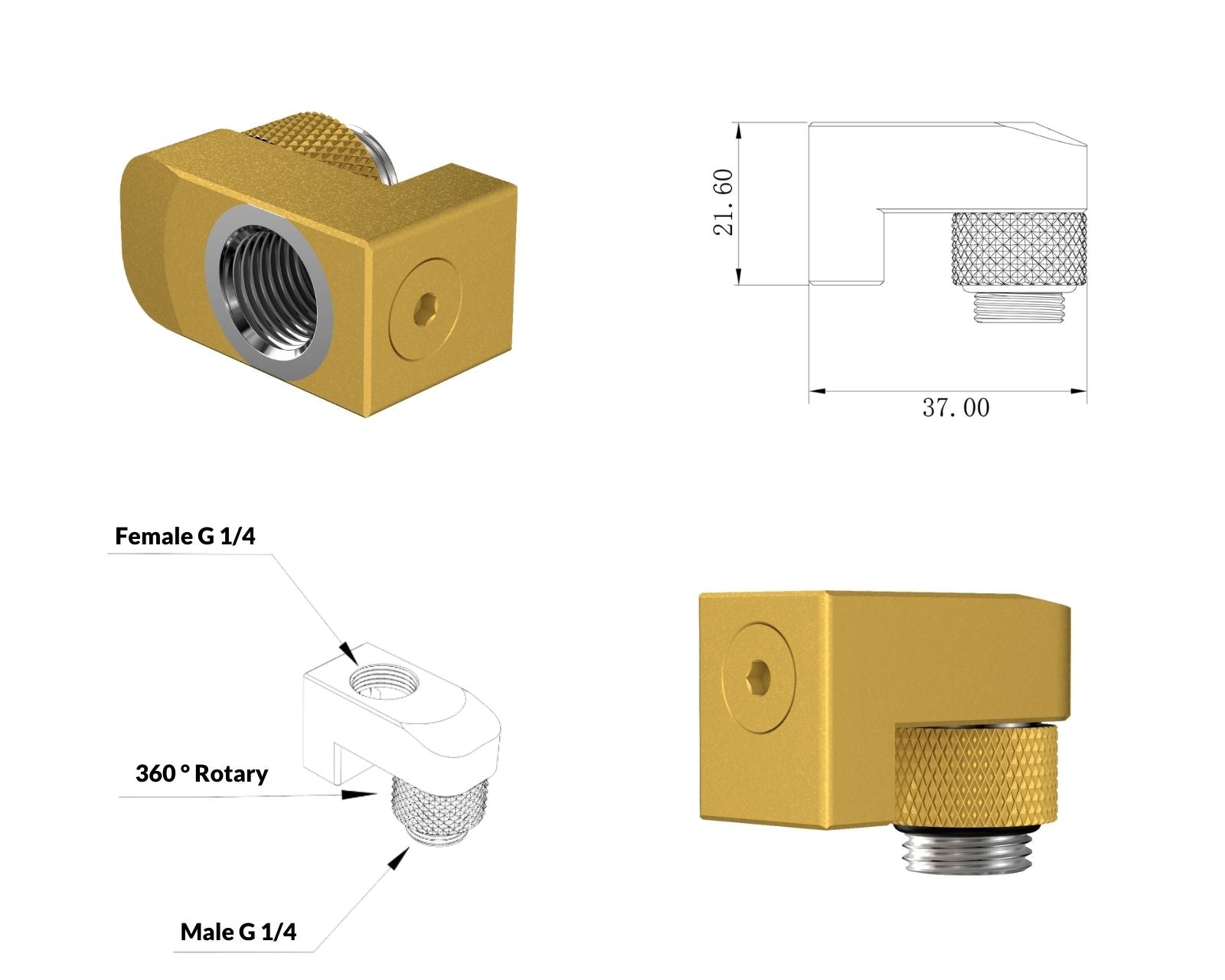 PrimoChill Male to Female G 1/4in. Supported Offset Rotary Fitting - Gold