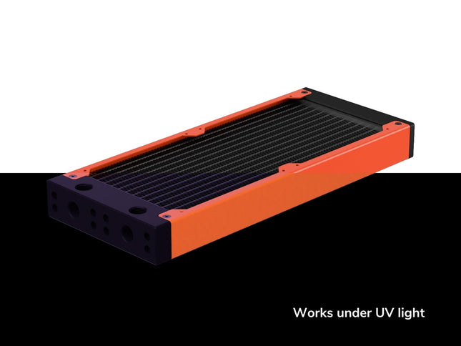 PrimoChill 240SL (30mm) EXIMO Modular Radiator, Black POM, 2x120mm, Dual Fan (R-SL-BK24) Available in 20+ Colors, Assembled in USA and Custom Watercooling Loop Ready - UV Orange