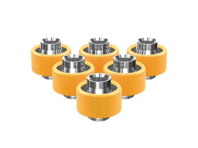 PrimoChill SecureFit SX - Premium Compression Fittings 6 Pack - For 1/2in ID x 3/4in OD Flexible Tubing (F-SFSX34-6) - Available in 20+ Colors, Custom Watercooling Loop Ready - Yellow